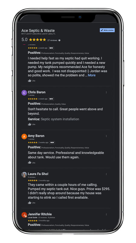 Image of a phone mockup with a page of Google Reviews all showing 5 Stars for ACE Septic & Waste.