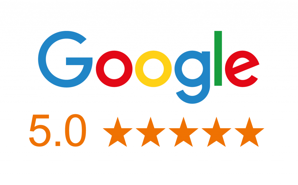 Image of the Google Logo, with "5.0" and five orange stars underneath.