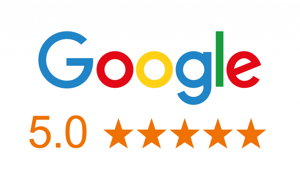 Image of the Google Logo, with "5.0" and five orange stars underneath.