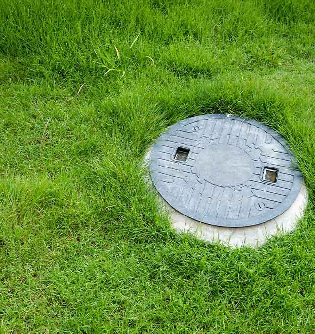 Septic tank cover in the grass.