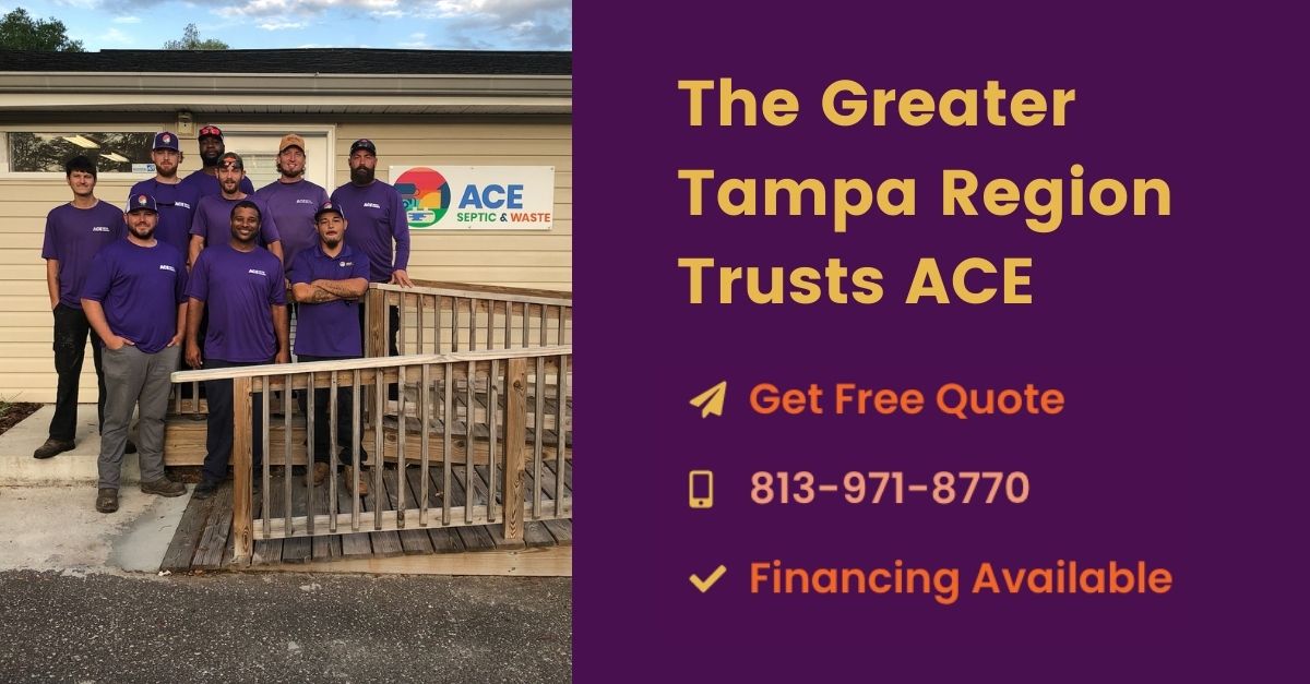 Graphic with a photo of a group of workers wearing a purple shirts standing in front of a small building. Text on the right shows a headline named The Greater Tampa Region Trusts ACE and a phone number.
