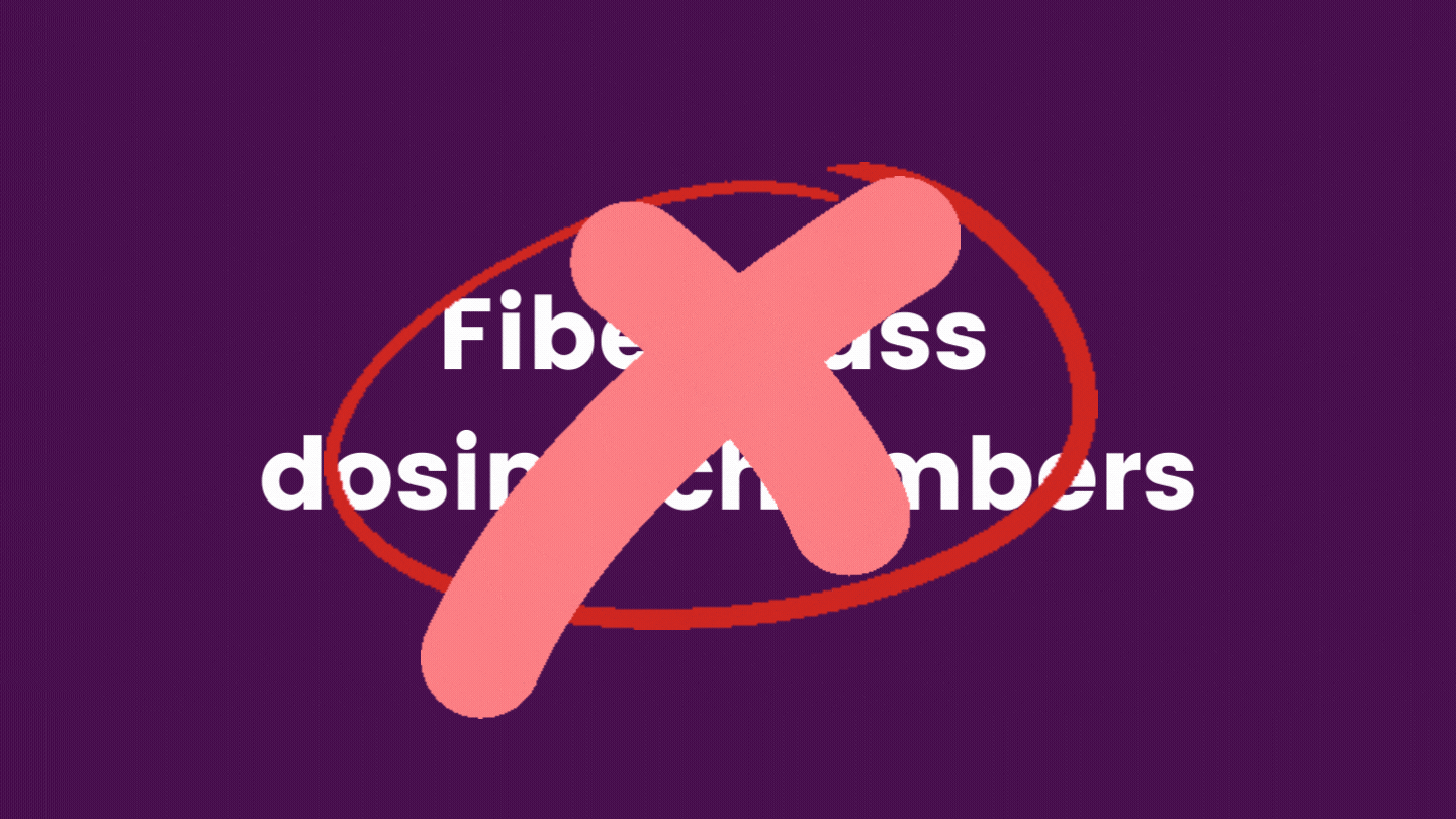 Animated GIF graphic with purple background and "fiberglass doing chambers" text in white, with an animated circle and x crossing off the words, indicating "don't" or "bad"
