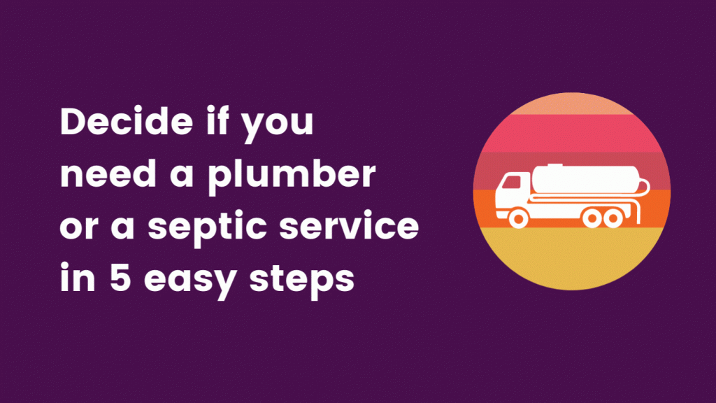 Graphic showing a septic truck icon and the text "decide if you need a plumber or a septic service in 5 easy steps."