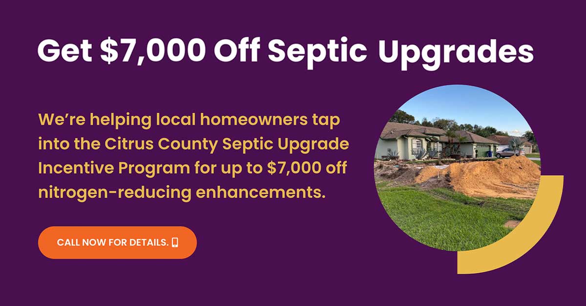 Graphic with purple background, photo of home with ground dug up in front yard and headline that reads "Get $7K off septic upgrades"