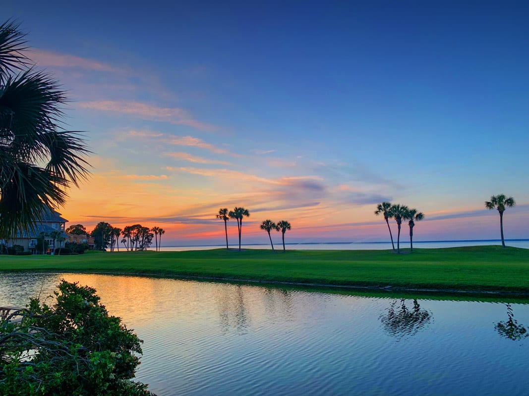 Photo of Florida shoreline with lake in foreground and silhouetted palm trees against a cloudy sunset.