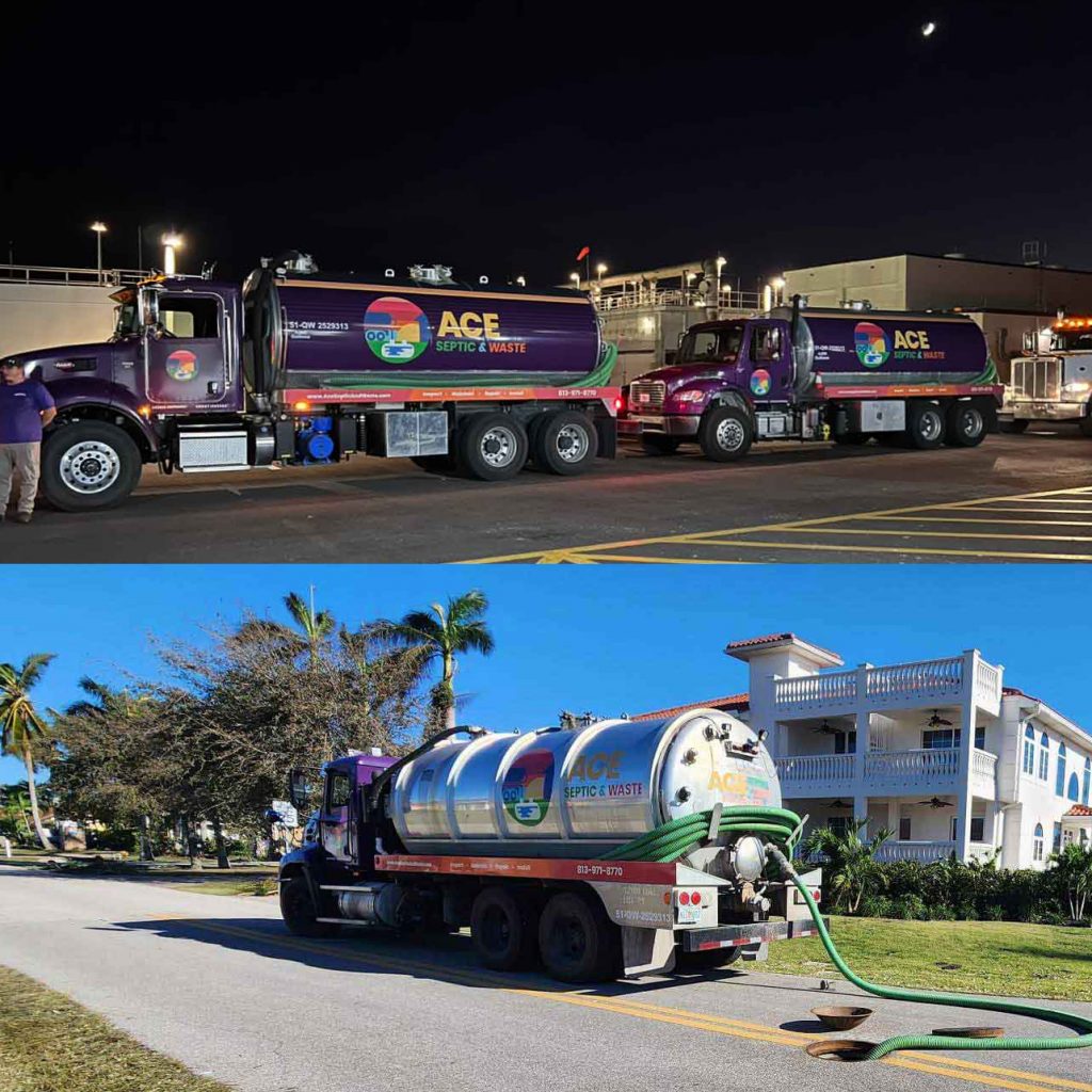 Split screen top and bottom with top photo showing a night scene with two large purple septic pump trucks in a row in front of a commercial septic system. Bottom photo shows a blue sunny day, with a large purple and mirror finish septic truck in front of a large residential home with a hose leading from the truck to a hole in the paved street.