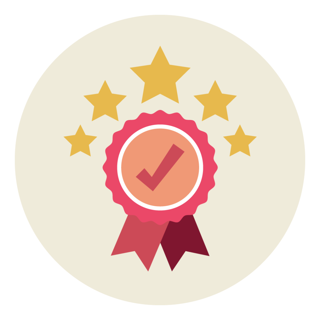 Illustration of a certification badge with 5 star review icons