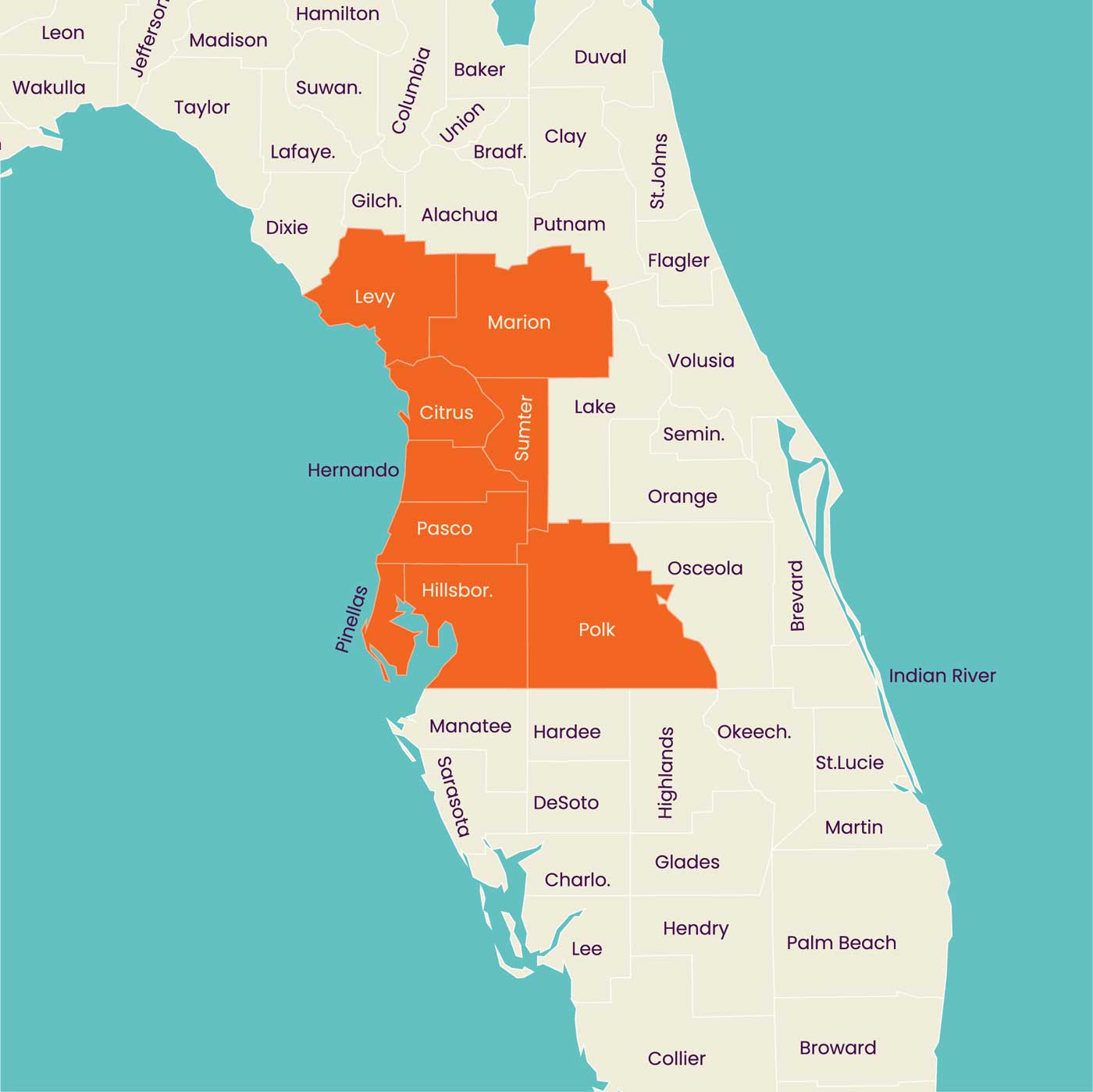 Map of the state of Florida, showing certain counties highlighted in orange.