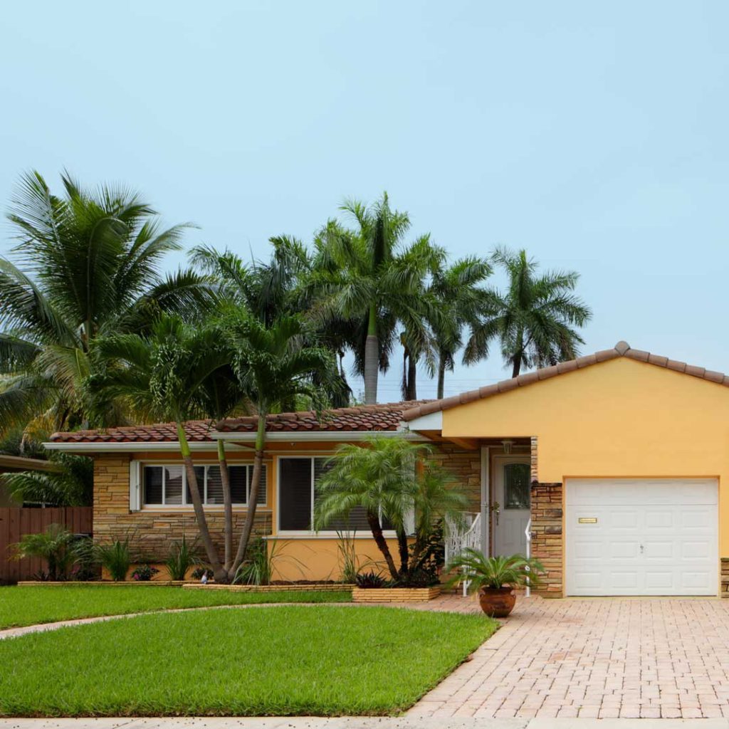 A home in Florida with green grass and palm trees.