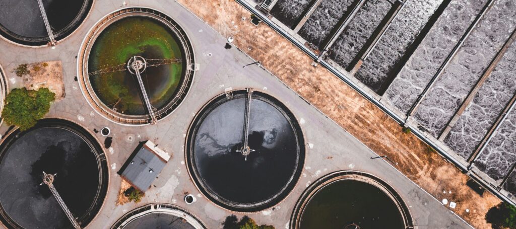 An aerial view of a wastewater treatment facility