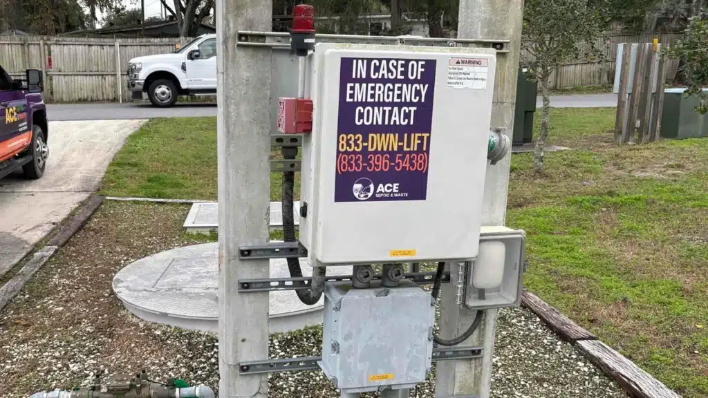 A lift station with an ACE Septic branded sticker on the control panel.