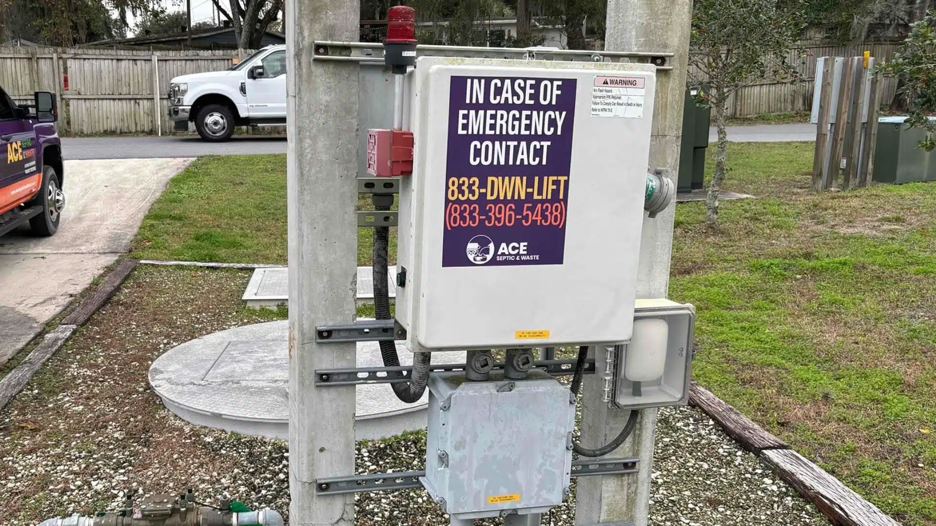 A lift station with an ACE Septic branded sticker on the control panel.