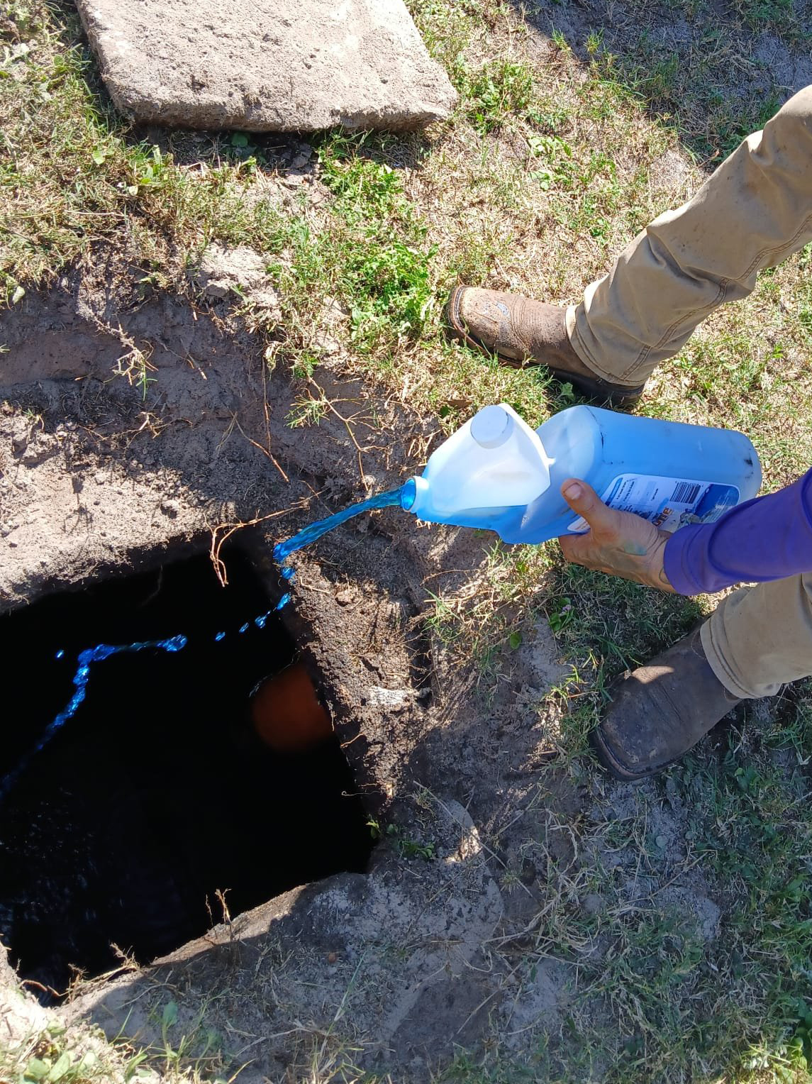 A septic biosolution being poured into a septic tank