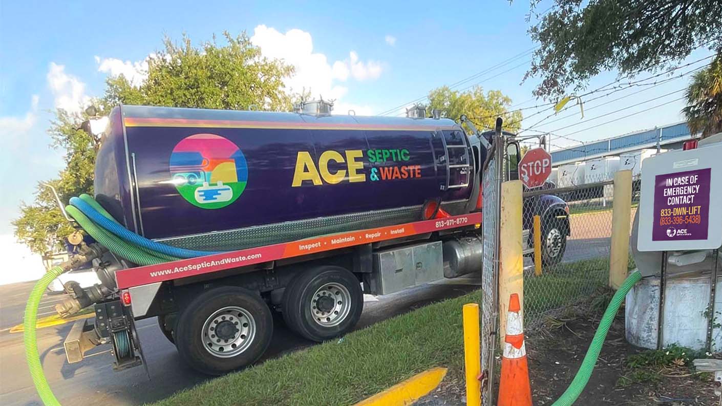 Image of a septic truck branded with ACE Septic & Waste