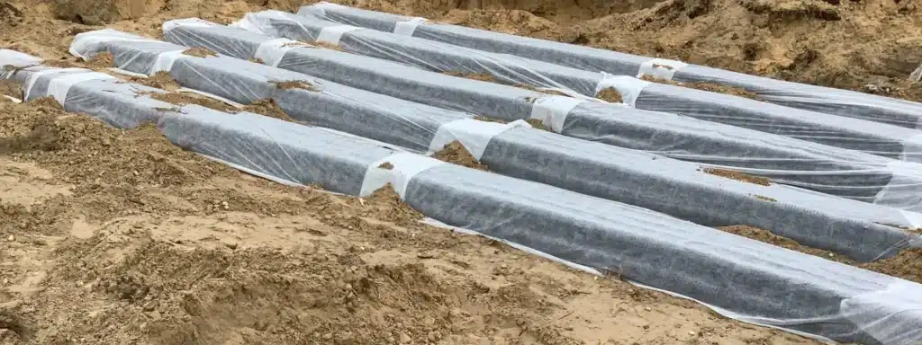 A close-up of a drain field in septic sand.