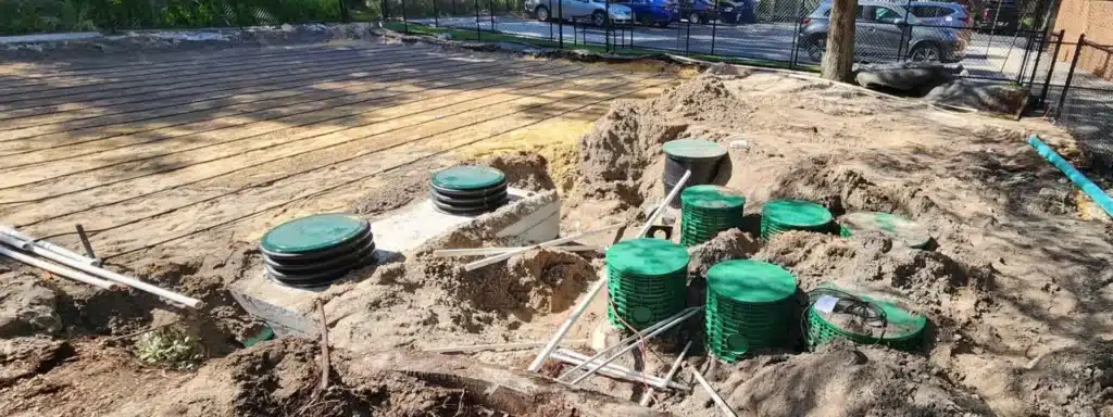 A newly installed drainfield and septic system.